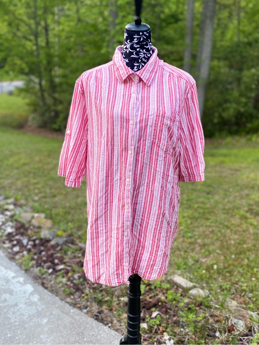 Woman Within Pink & White Striped Button Up Oversized Shirt Size 1X - Picture 5 of 12